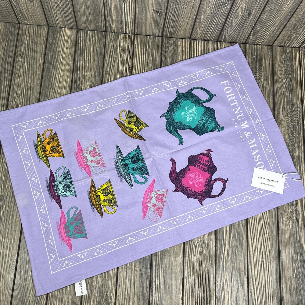 Fortnum & Mason Tea Towel Kitchen Purple Teapot Teacup Cotton Piccadilly London